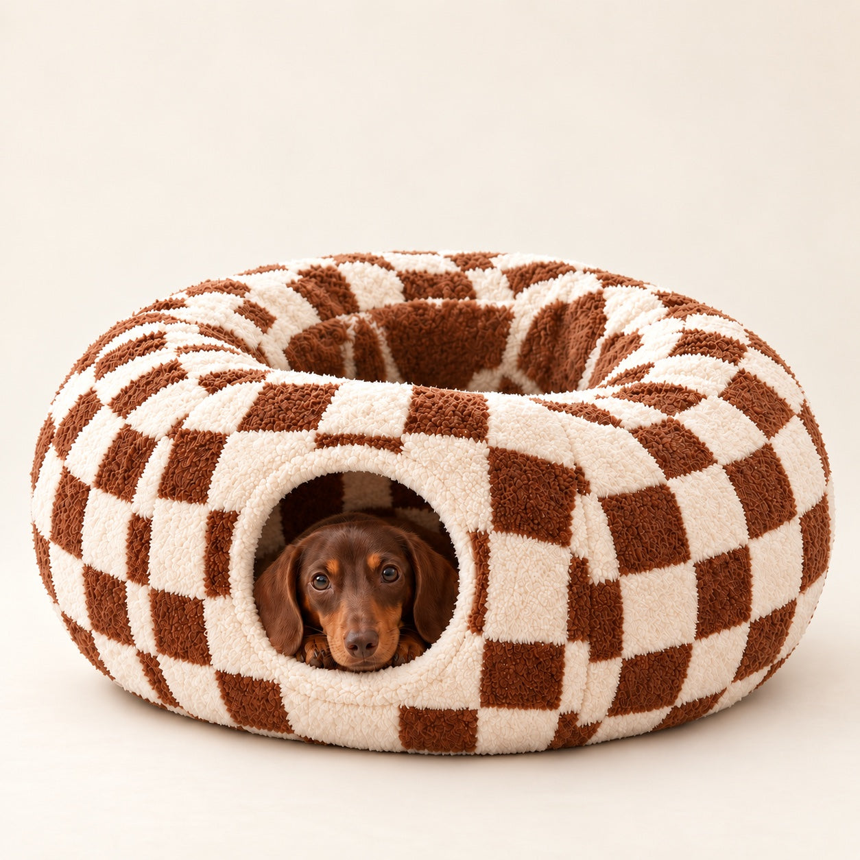 Brown Dachshund peeking out of a Cocoa Checker Burrow Bed