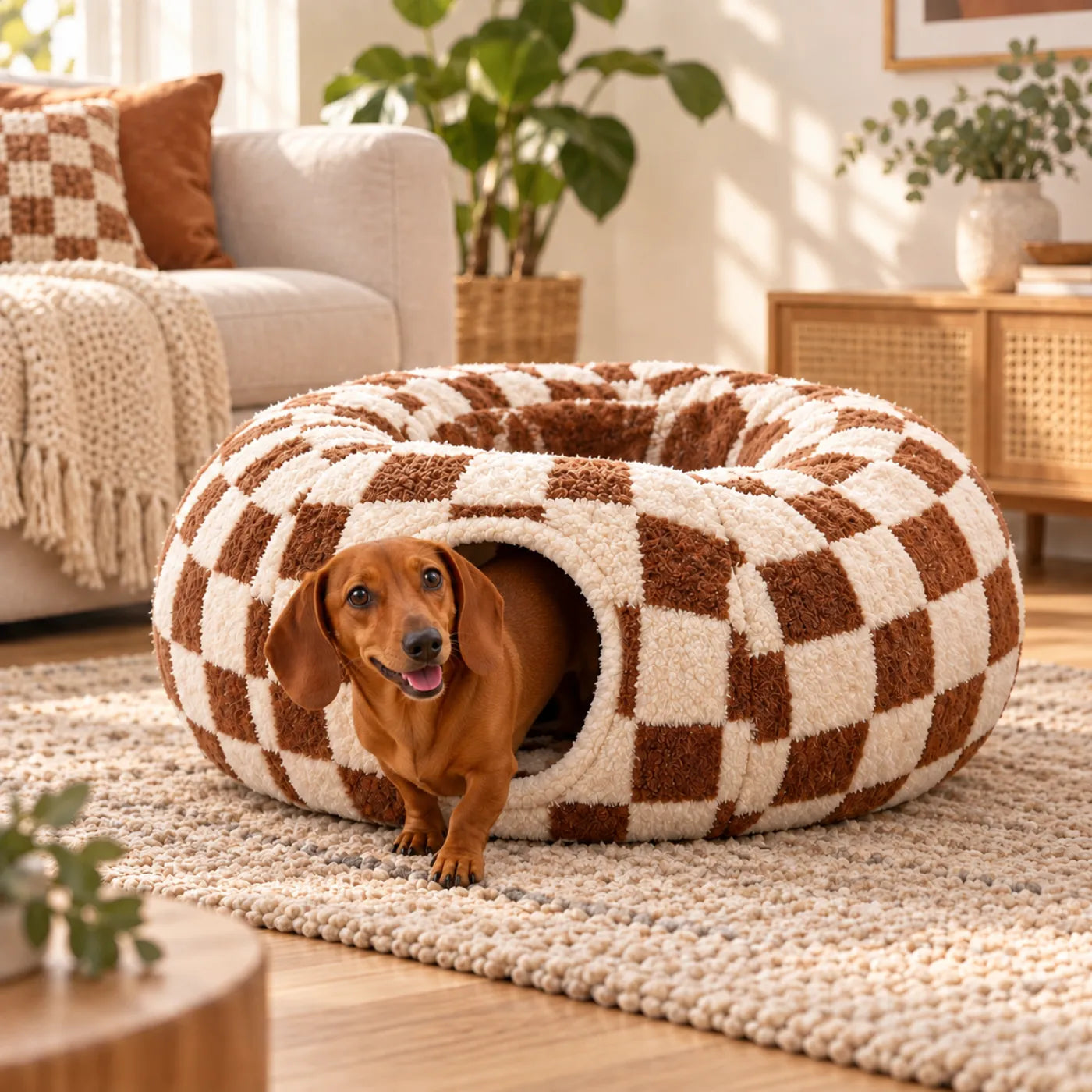 Dachshund exploring the tunnel