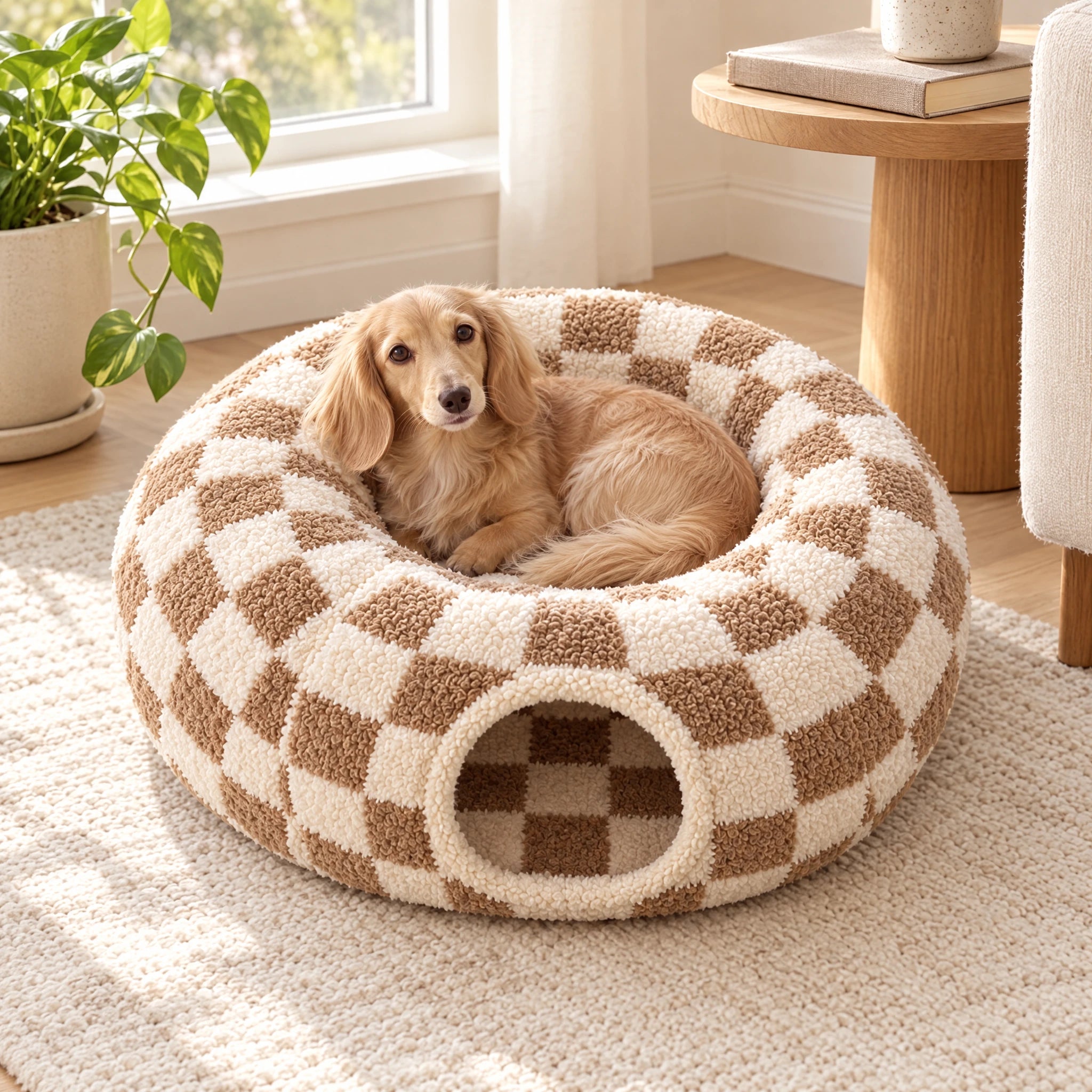 Cream Dachshund curled up in its bed
