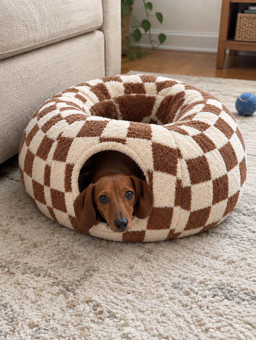 Dachshund peeking from its bed