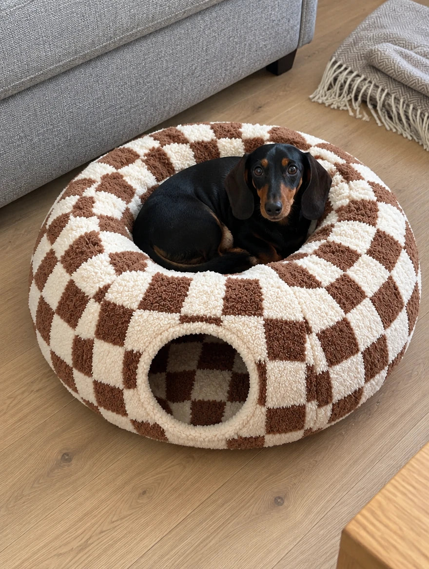 Dachshund curled in the open middle of the bed