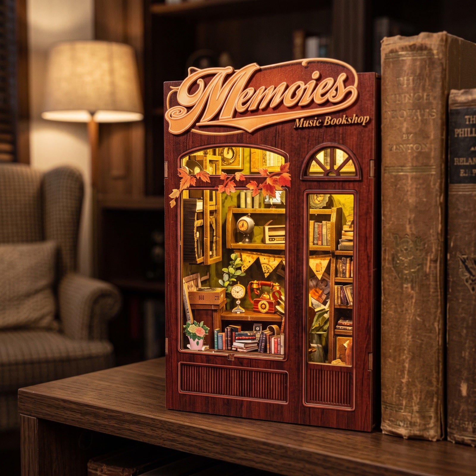 Memories Music Bookshop glowing among books