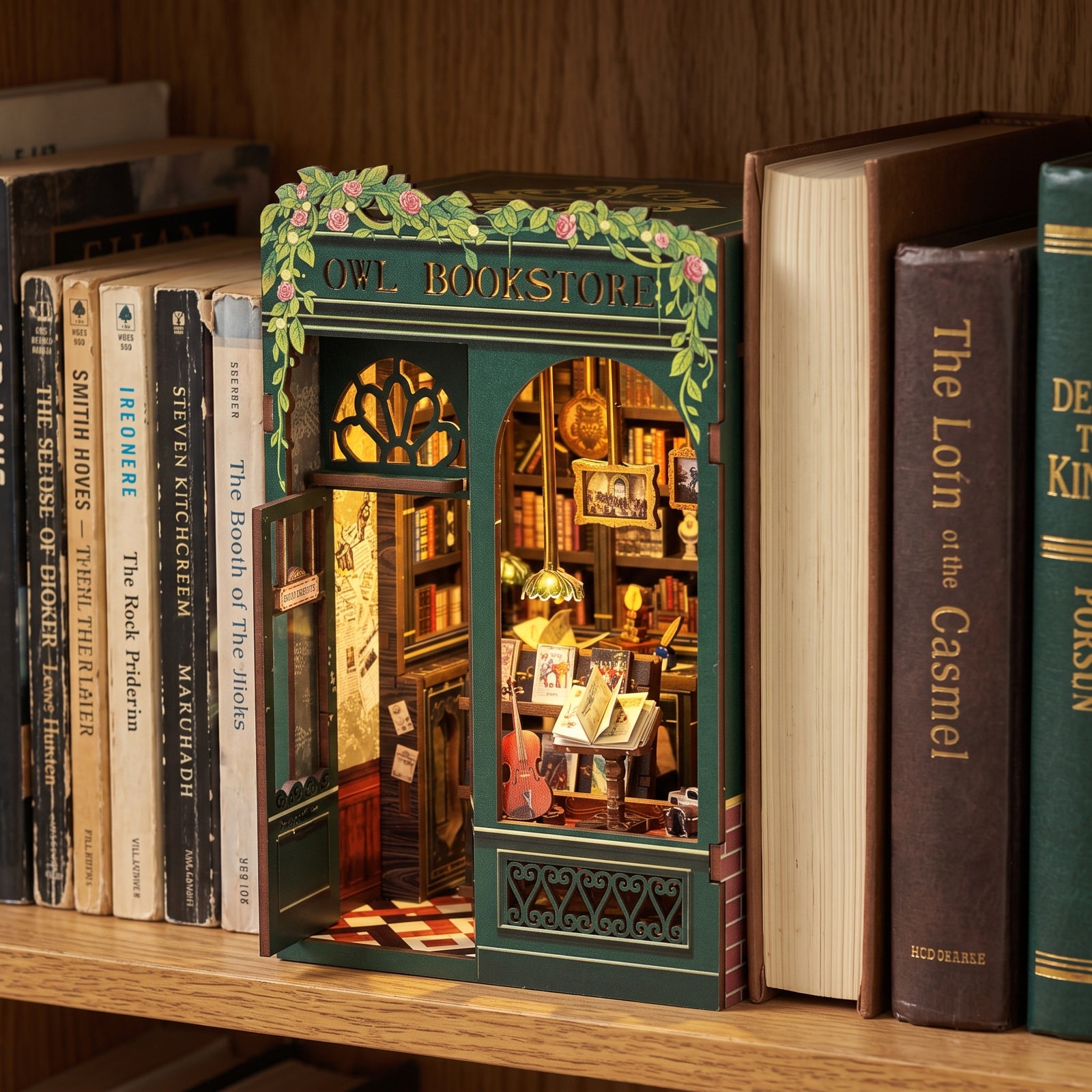 Lit Owl book nook on a home shelf
