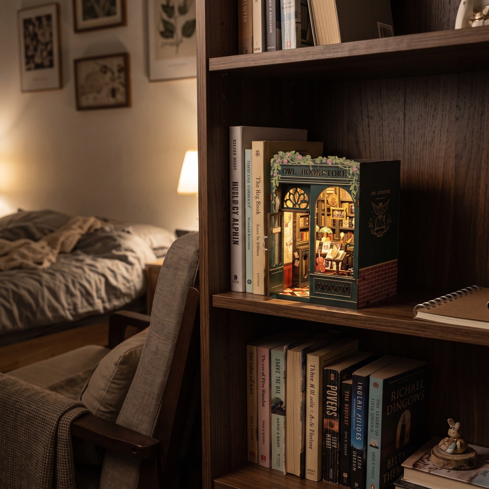 Owl Bookstore book nook in a home setting