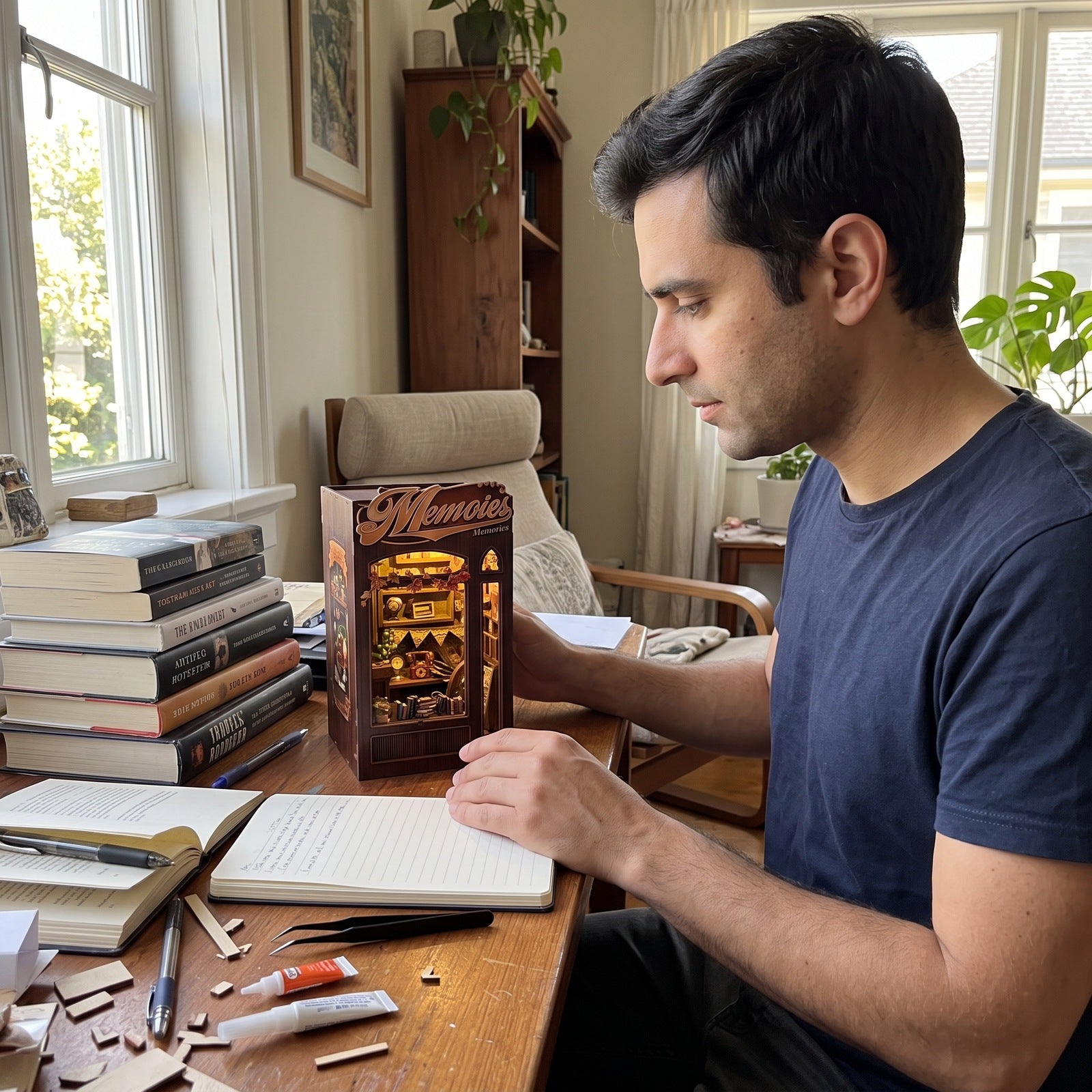 Man beside a music book nook at a sunlit reading desk