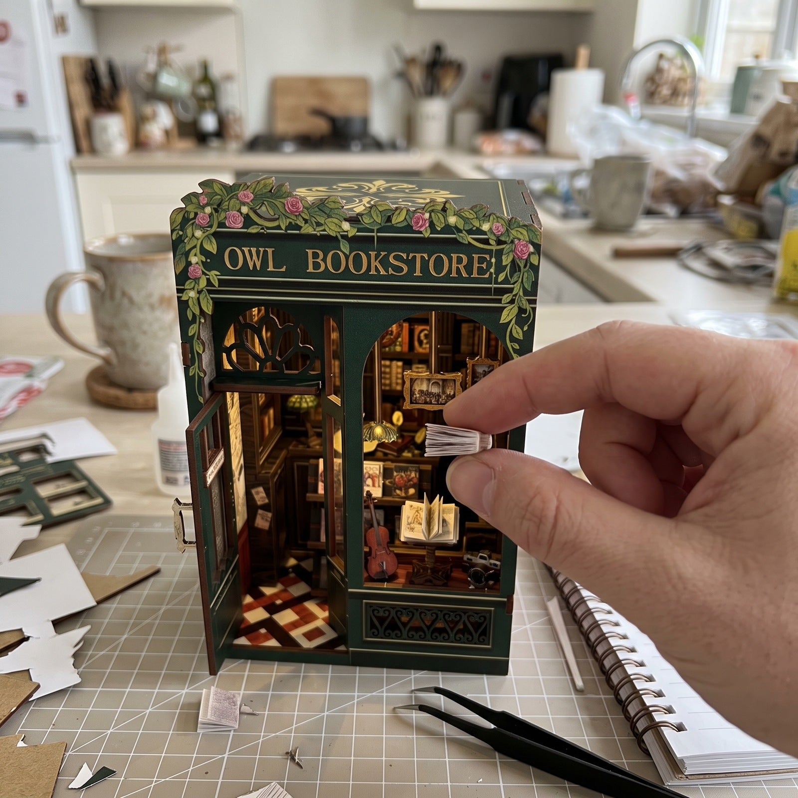 Owner hand adjusting a tiny book inside the Owl book nook