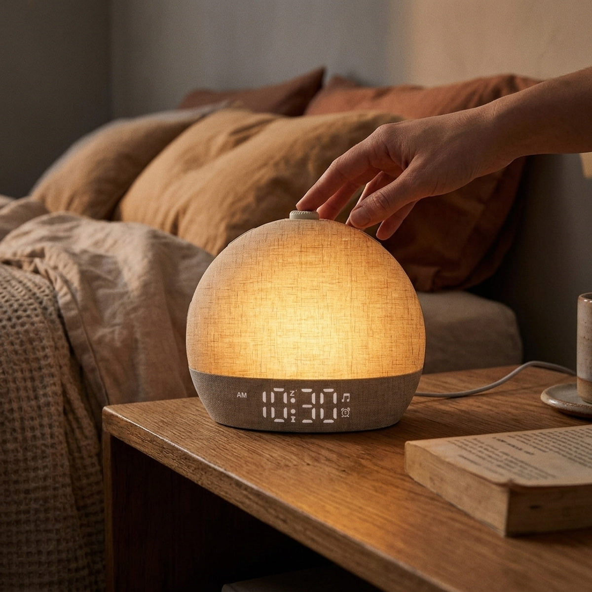 Daybreak’s dimmable display, natural woven dome and physical control buttons