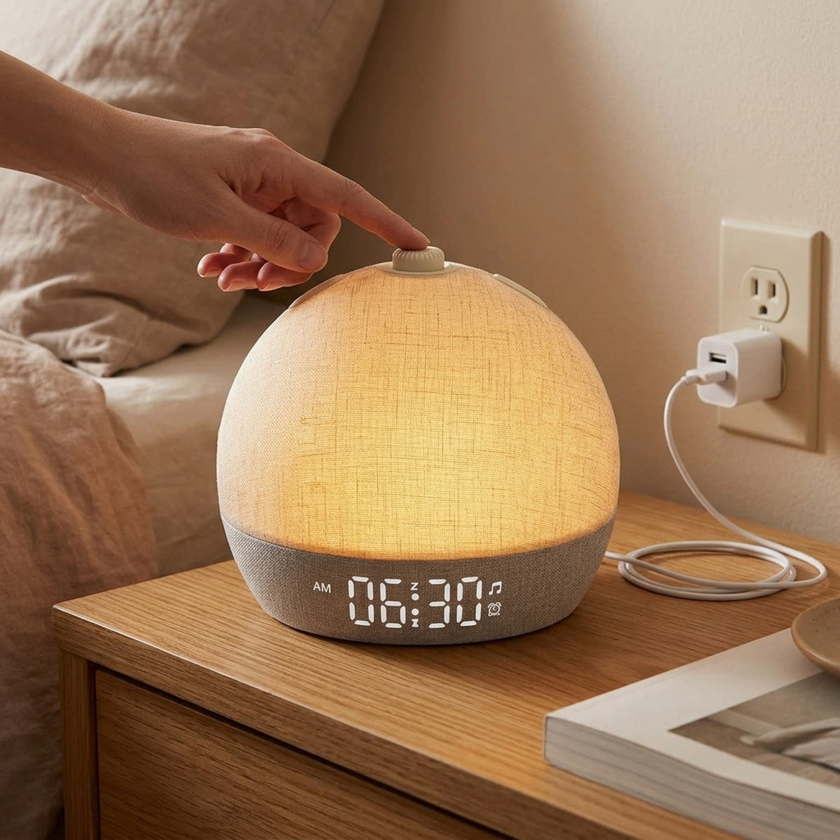 Hand reaching for the top snooze button on the powered Daybreak clock