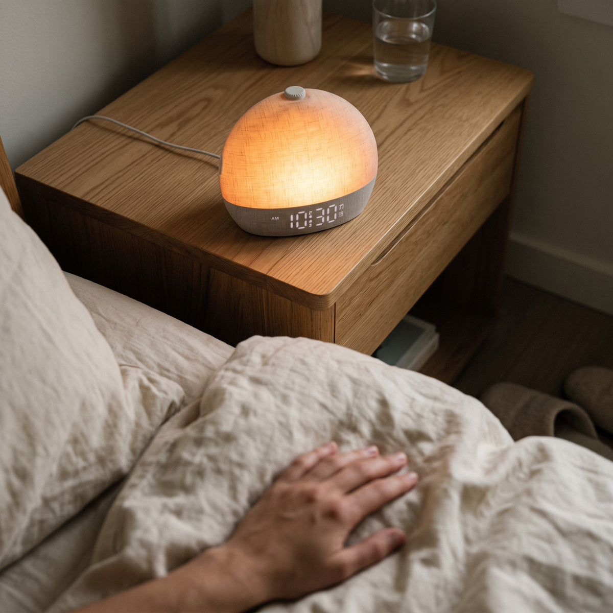 Daybreak on a wooden bedside table beside a cotton pillow