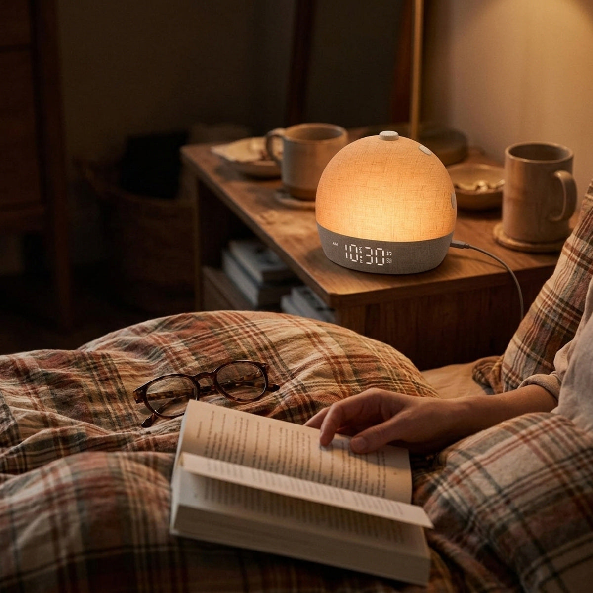 Bedside owner view of a book and warm Daybreak light