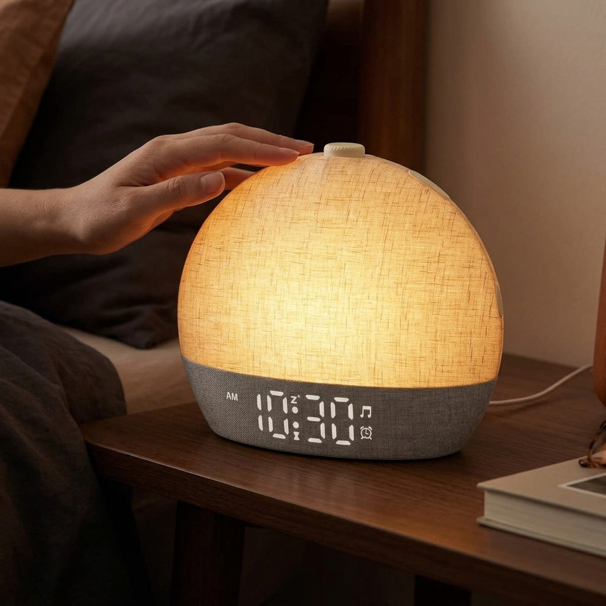 Daybreak on a compact bedside shelf in a natural bedroom