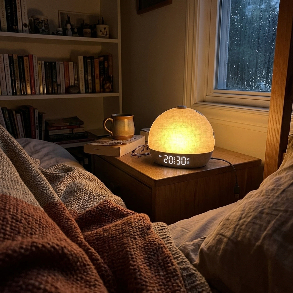 Quiet evening bedside view of Daybreak’s warm glow