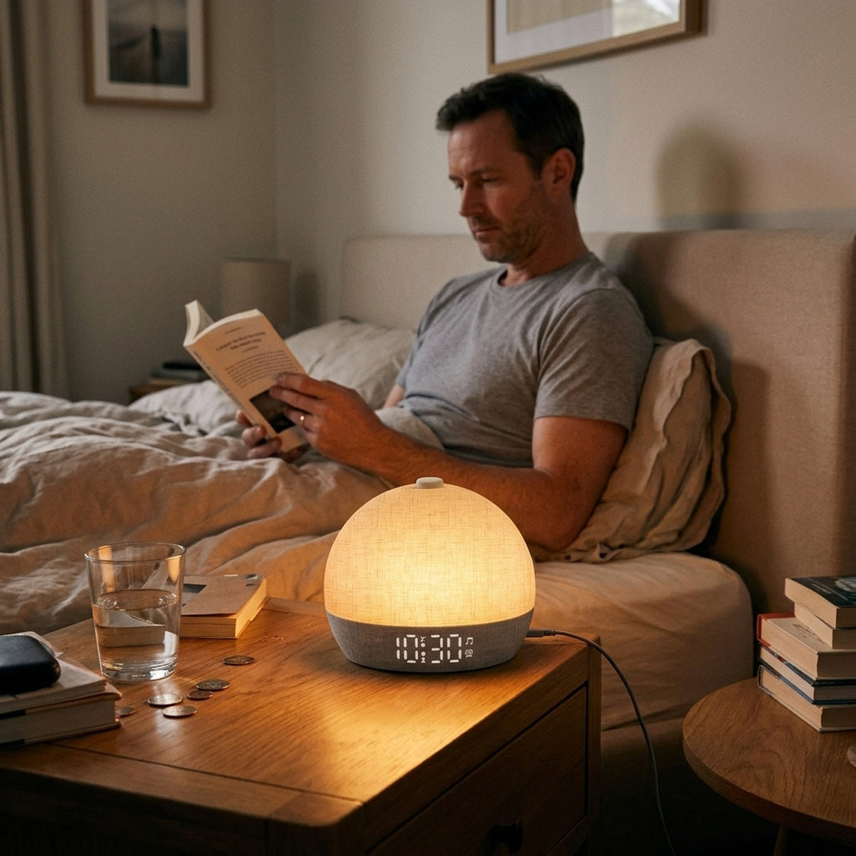 Man reading in bed beside Daybreak’s warm light