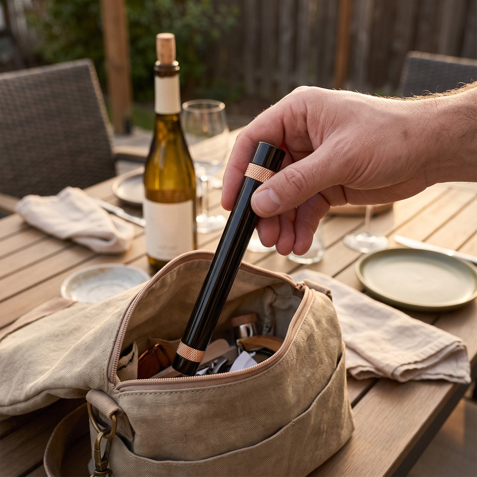 Rose Gold Openvale opener beside a picnic pouch
