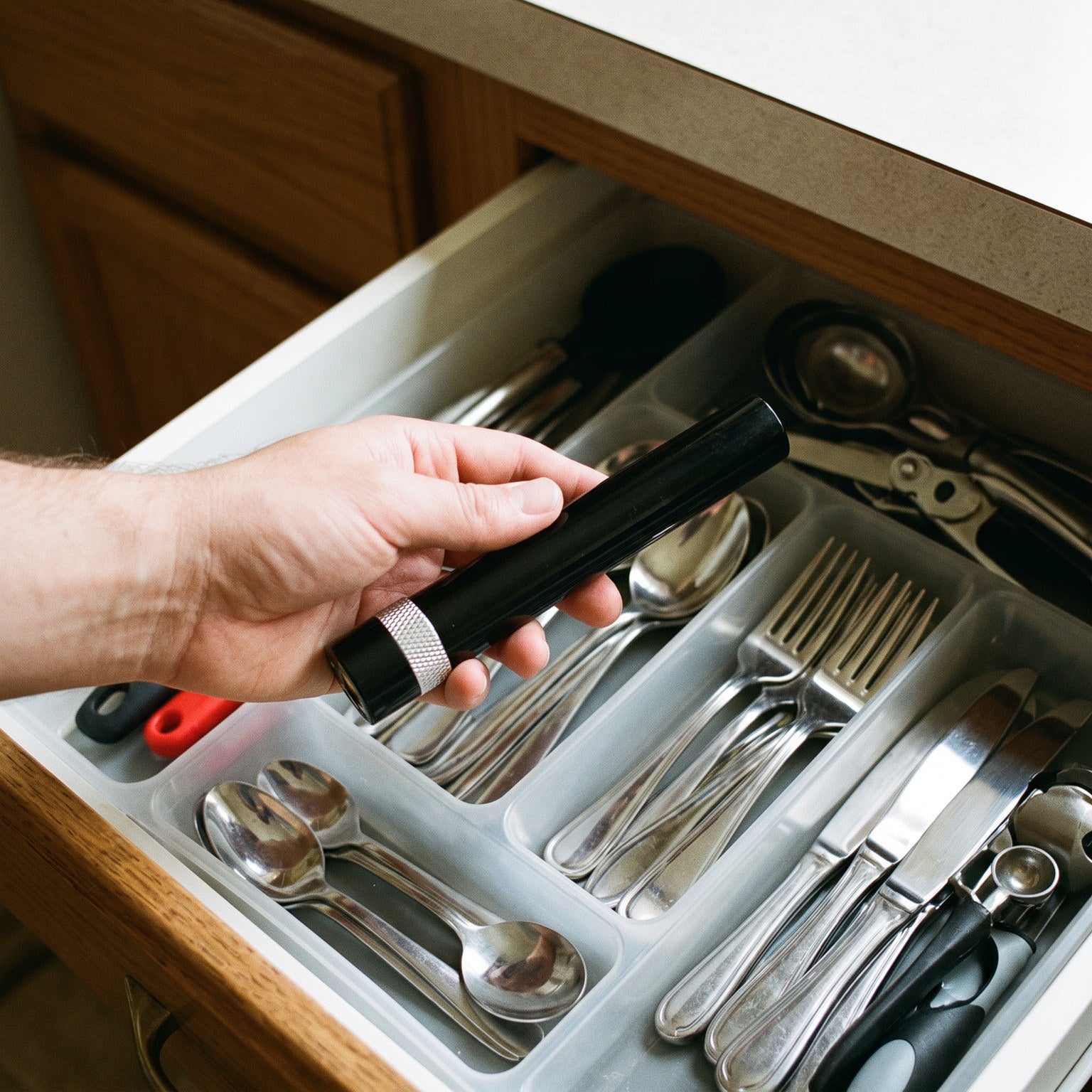 Silver Openvale opener being stored in a kitchen drawer