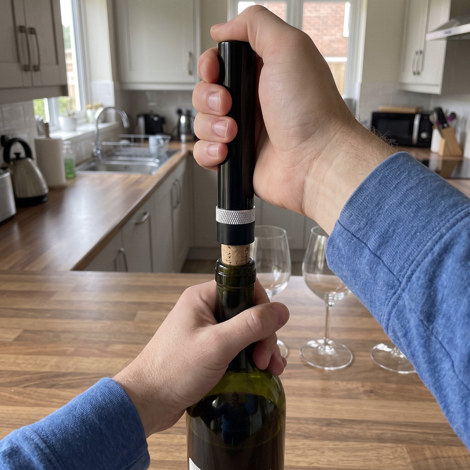 POV of a Silver Openvale opener pumping into a natural cork