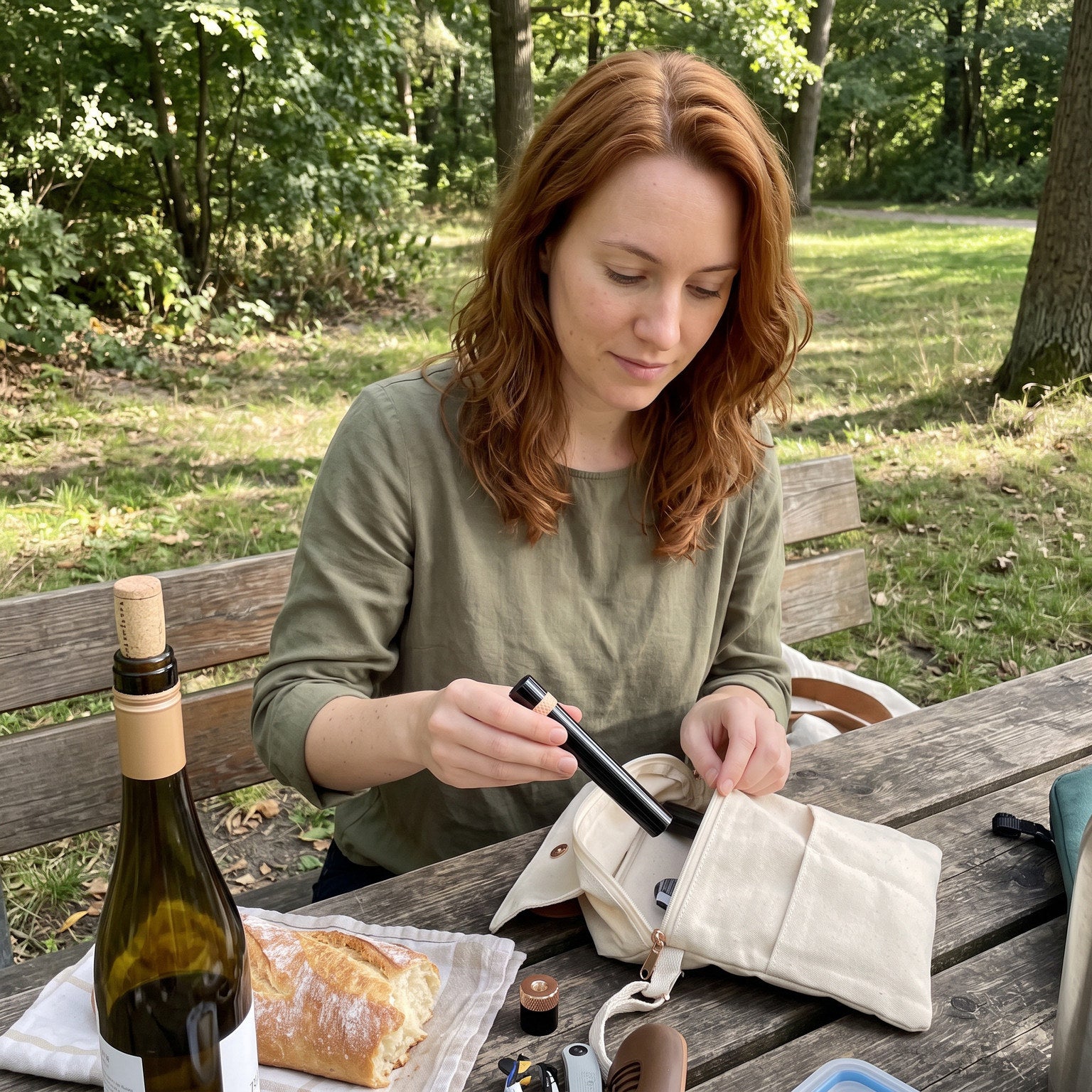 Woman packing a Rose Gold Openvale opener for a picnic