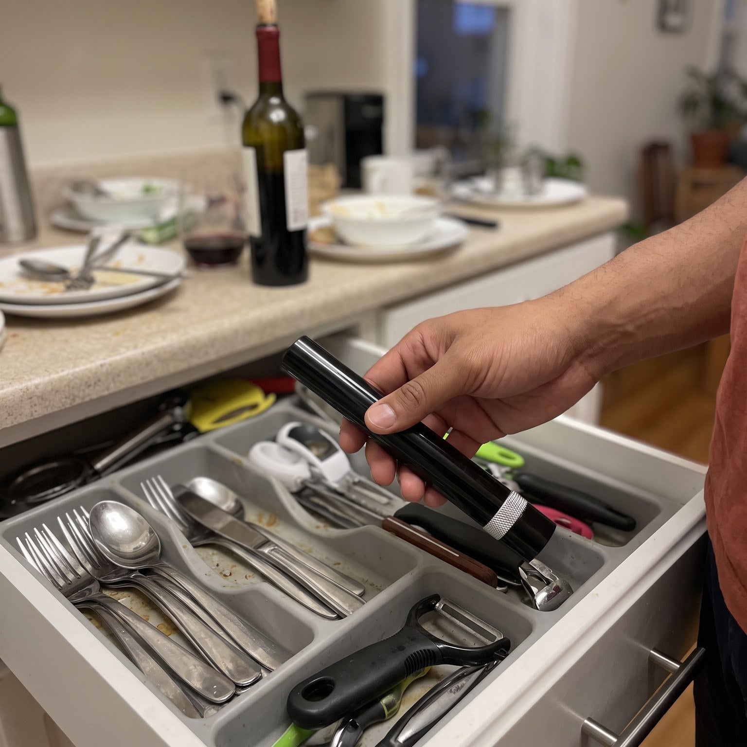 Silver Openvale opener being stored beside kitchen wine accessories